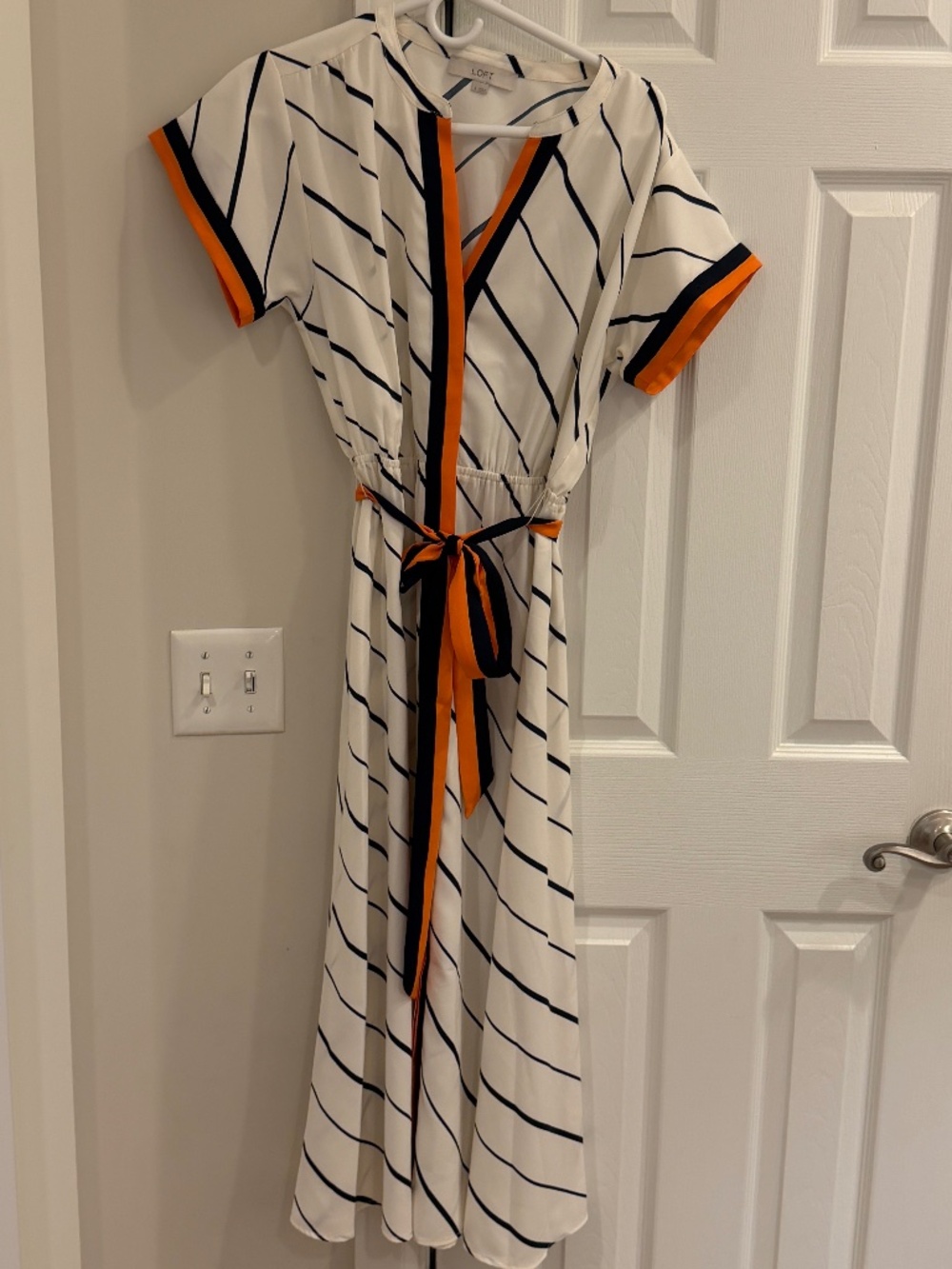 Loft Navy, White, & Orange Striped A-Line Midi Dress - Size 8 NWOT